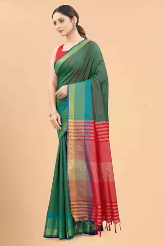 Green plain art silk traditional saree with blouse piece
