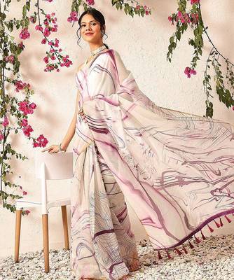Burgundy printed cotton blend ethnic saree with blouse piece 4