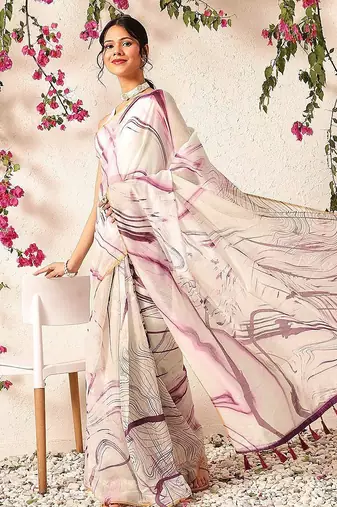 Burgundy printed cotton blend ethnic saree with blouse piece