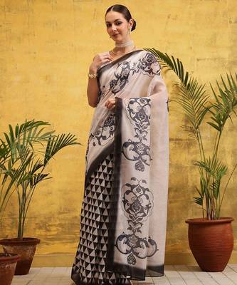 Off white printed silk cotton ethnic saree with blouse piece 2