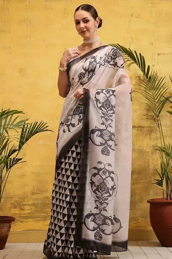 Off white printed silk cotton ethnic saree with blouse piece