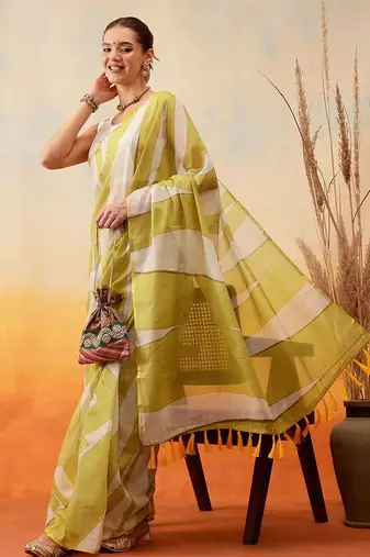 Yellow printed cotton blend ethnic saree with blouse piece