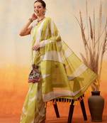 Yellow printed cotton blend ethnic saree with blouse piece