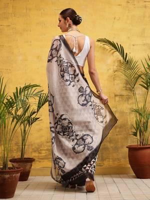 Off white printed silk cotton ethnic saree with blouse piece 3