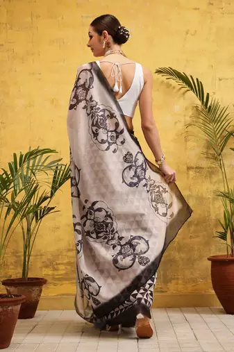 Off white printed silk cotton ethnic saree with blouse piece