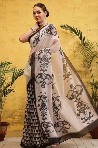 Off white printed silk cotton ethnic saree with blouse piece