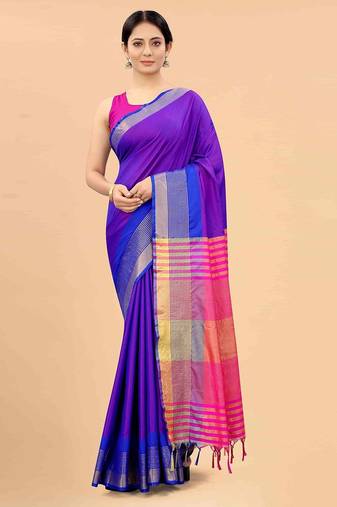 Blue plain art silk traditional saree with blouse piece