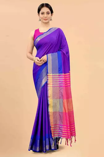 Blue plain art silk traditional saree with blouse piece