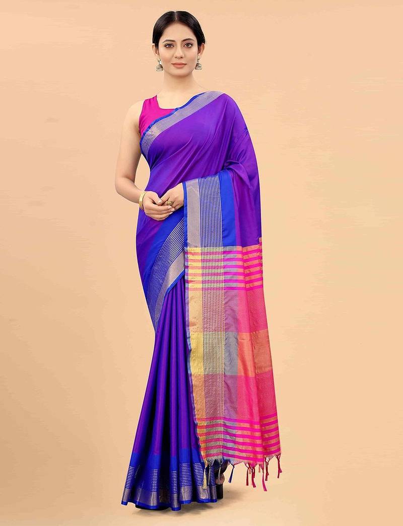 Blue plain art silk traditional saree with blouse piece