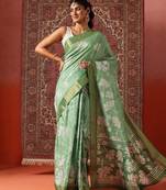 Green printed art silk ethnic saree with blouse piece