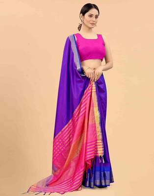 Blue plain art silk traditional saree with blouse piece 2