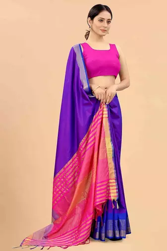 Blue plain art silk traditional saree with blouse piece
