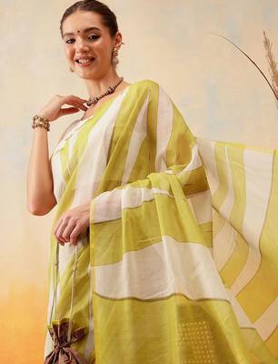 Yellow printed cotton blend ethnic saree with blouse piece 4