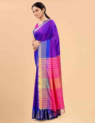 Blue plain art silk traditional saree with blouse piece 3