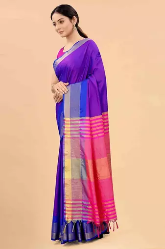 Blue plain art silk traditional saree with blouse piece