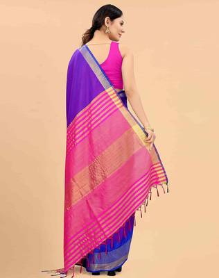 Blue plain art silk traditional saree with blouse piece 4