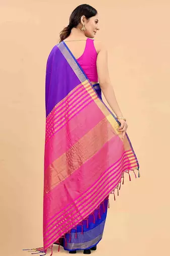 Blue plain art silk traditional saree with blouse piece
