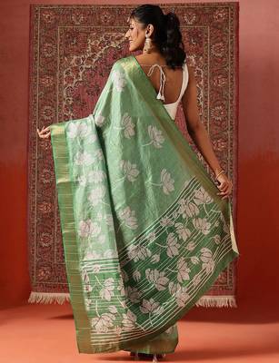Green printed art silk ethnic saree with blouse piece 2