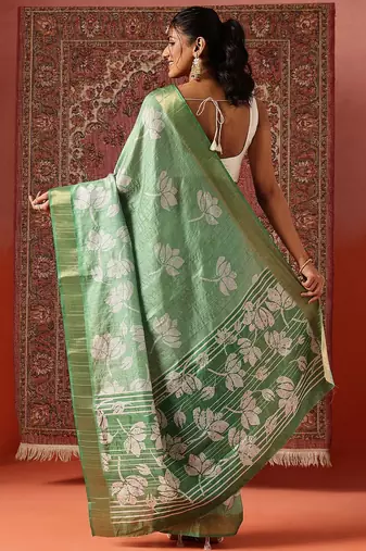Green printed art silk ethnic saree with blouse piece