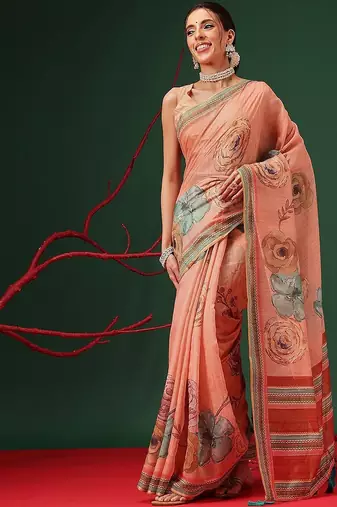 Peach printed cotton blend ethnic saree with blouse piece