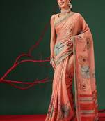Peach printed cotton blend ethnic saree with blouse piece