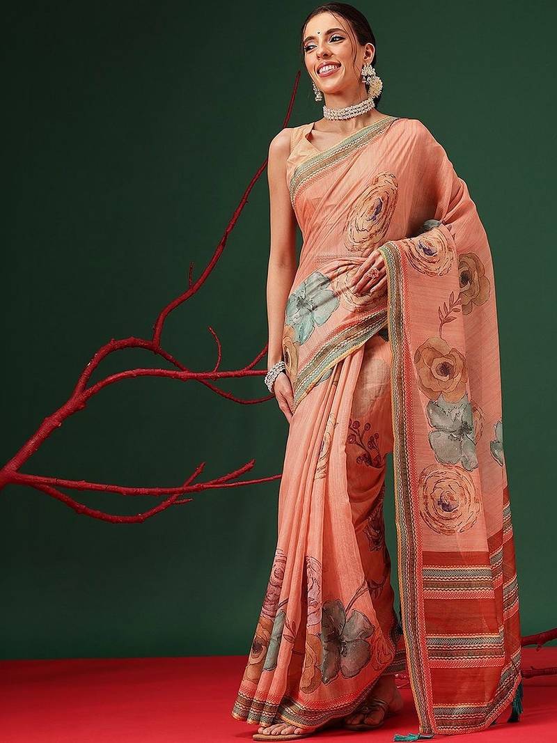 Peach printed cotton blend ethnic saree with blouse piece