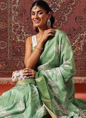Green printed art silk ethnic saree with blouse piece 3