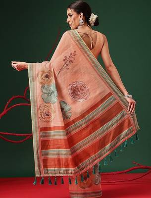 Peach printed cotton blend ethnic saree with blouse piece 2