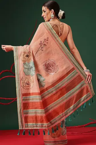 Peach printed cotton blend ethnic saree with blouse piece