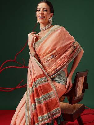 Peach printed cotton blend ethnic saree with blouse piece 3