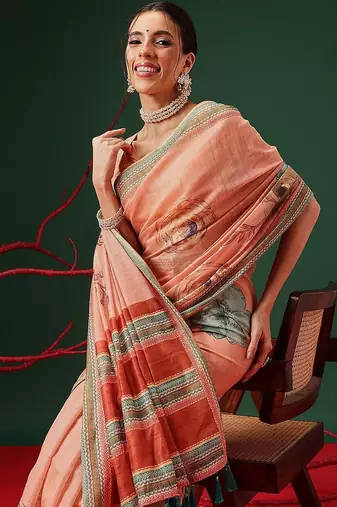 Peach printed cotton blend ethnic saree with blouse piece