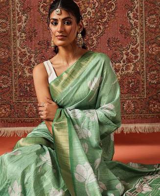 Green printed art silk ethnic saree with blouse piece 4