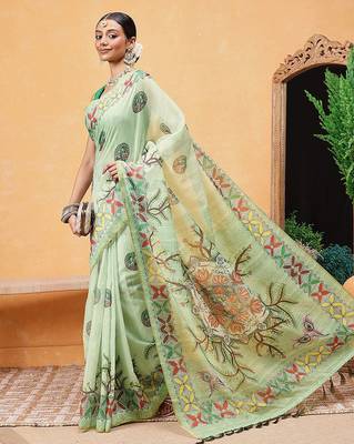 Green printed cotton blend ethnic saree with blouse piece 1