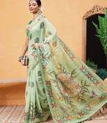 Green printed cotton blend ethnic saree with blouse piece