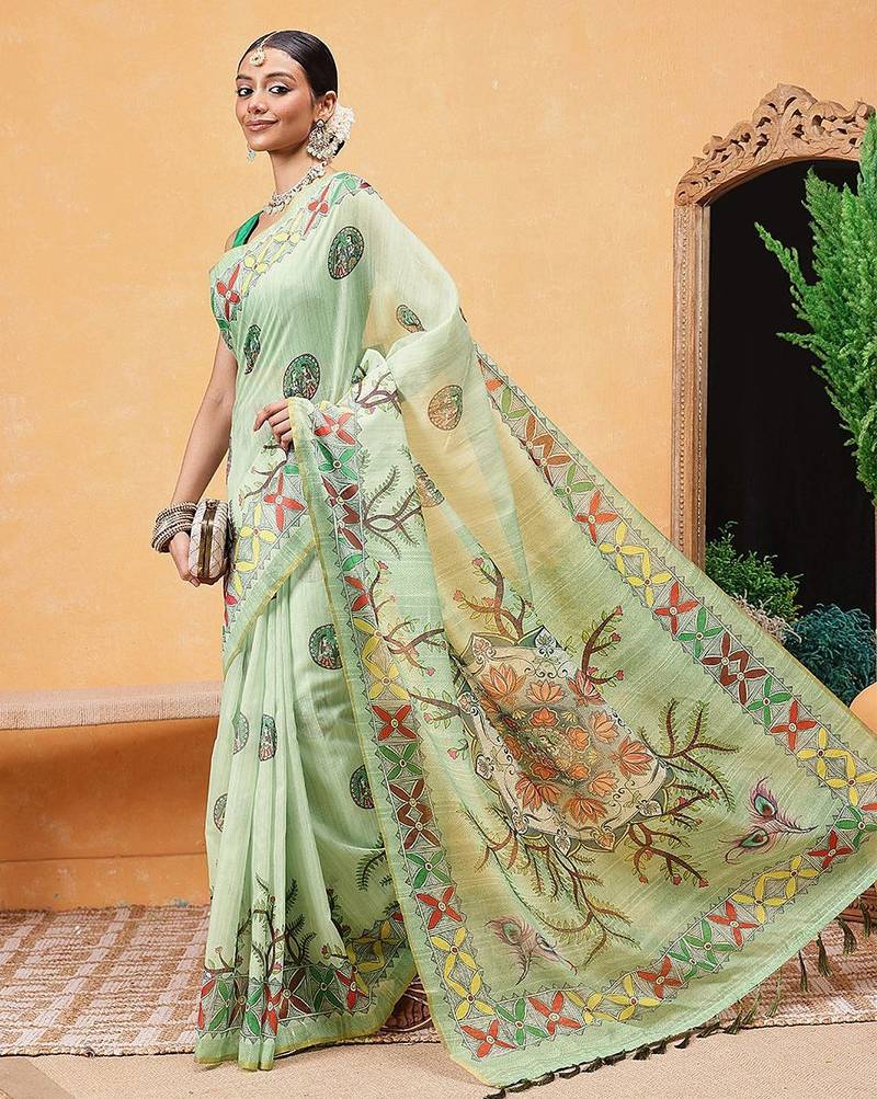 Green printed cotton blend ethnic saree with blouse piece