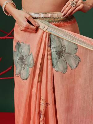 Peach printed cotton blend ethnic saree with blouse piece 4