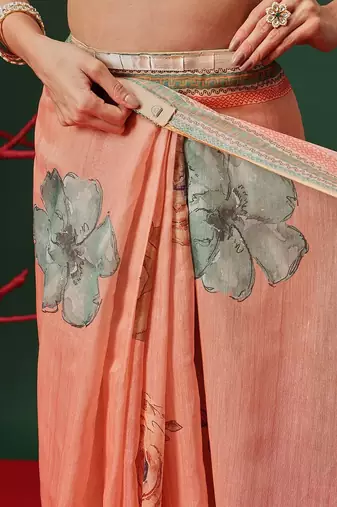Peach printed cotton blend ethnic saree with blouse piece