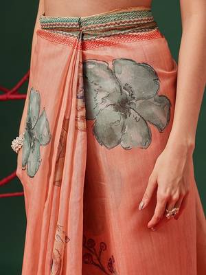 Peach printed cotton blend ethnic saree with blouse piece 5