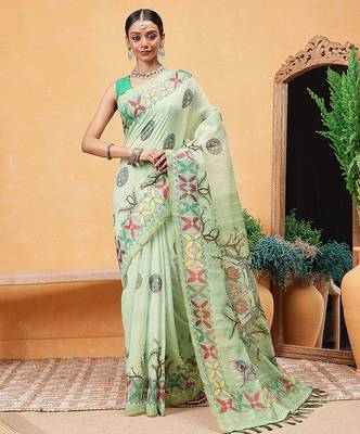 Green printed cotton blend ethnic saree with blouse piece 2