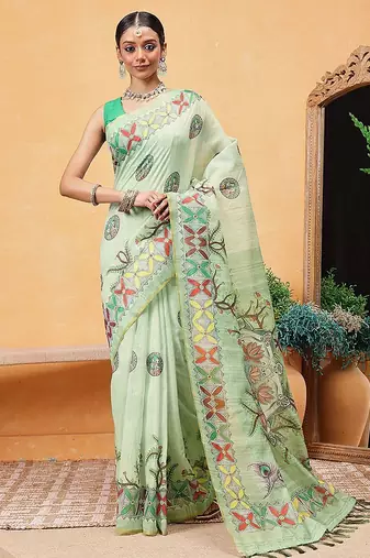 Green printed cotton blend ethnic saree with blouse piece