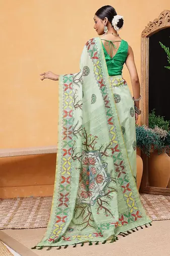 Green printed cotton blend ethnic saree with blouse piece