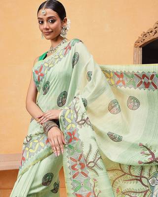 Green printed cotton blend ethnic saree with blouse piece 4
