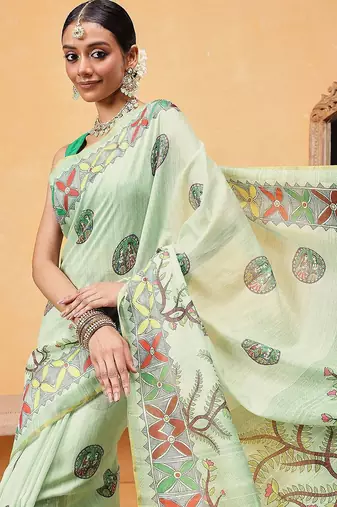 Green printed cotton blend ethnic saree with blouse piece