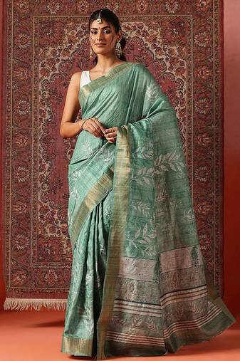 Sea green printed art silk ethnic saree with blouse piece