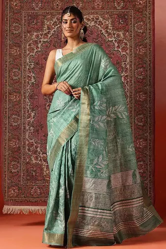 Sea green printed art silk ethnic saree with blouse piece