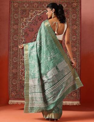 Sea green printed art silk ethnic saree with blouse piece 2