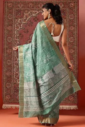 Sea green printed art silk ethnic saree with blouse piece