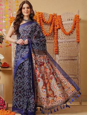 Navy blue printed cotton blend ethnic saree with blouse piece 1