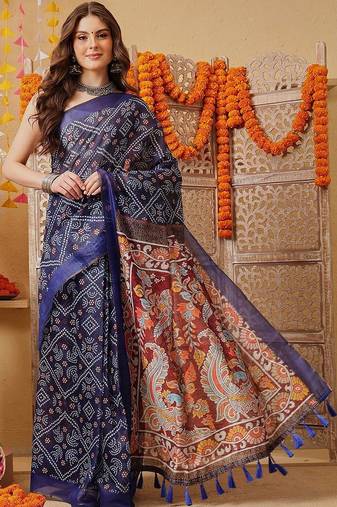 Navy blue printed cotton blend ethnic saree with blouse piece