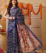 Navy blue printed cotton blend ethnic saree with blouse piece
